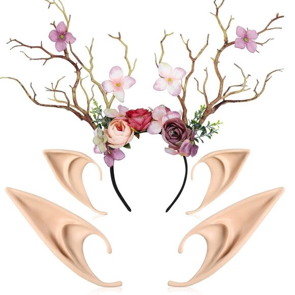 Elf Ears with Antlers Headband Pink Fairy Crown for Costume Cosplay Women